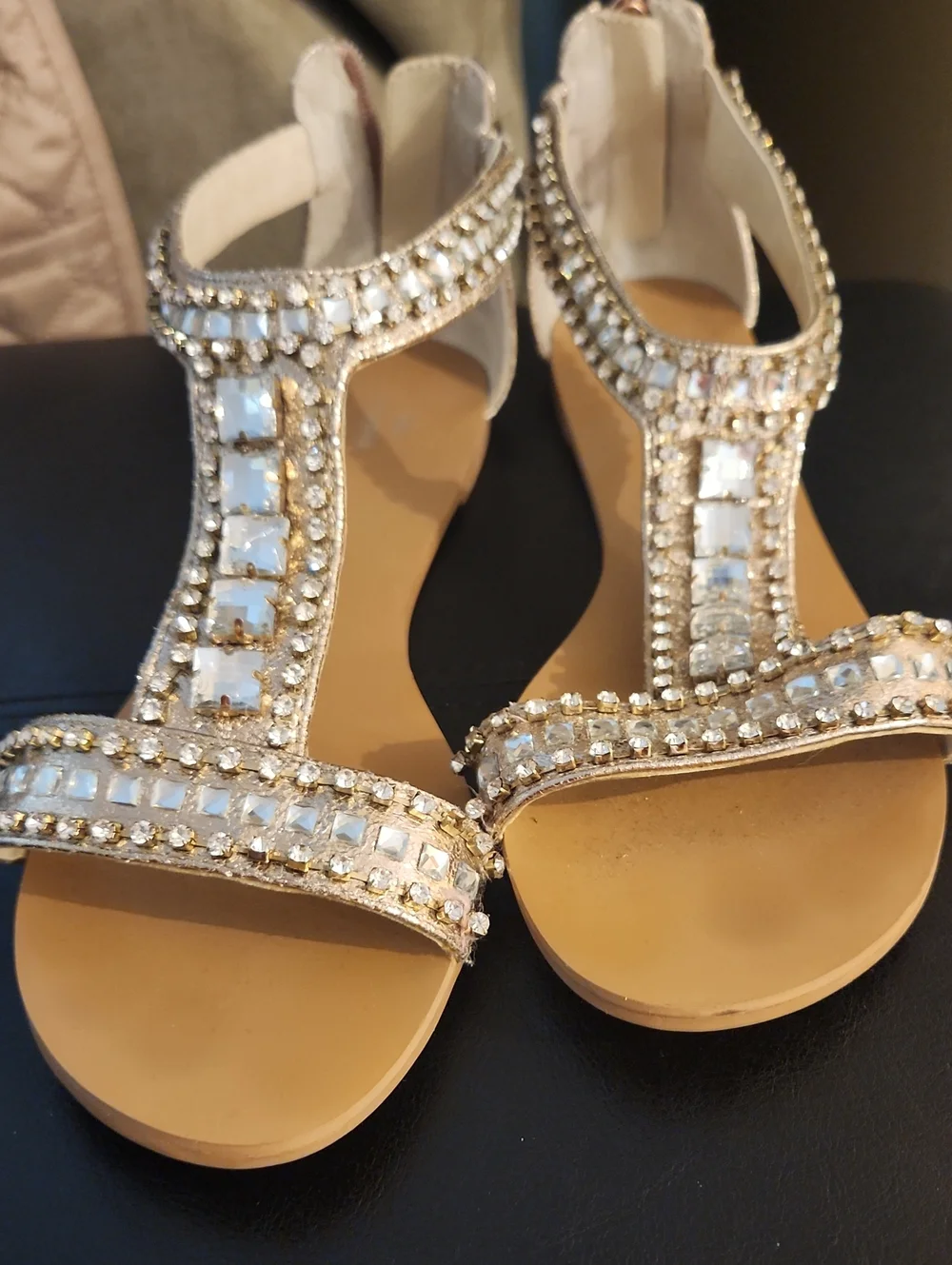 Women's Gold Jeweled T-Strap Sandals